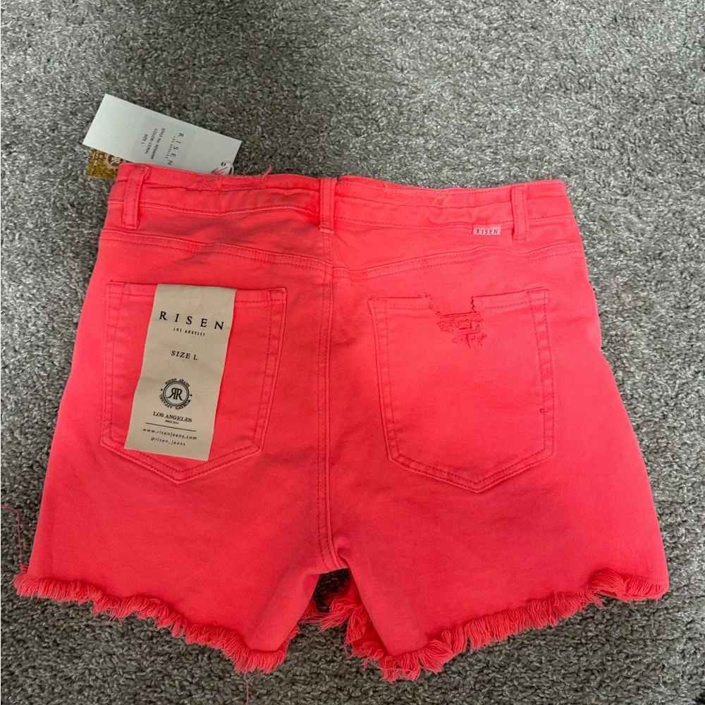 TEAGAN HIGH-RISE DISTRESSED DENIM SHORTS (NEON CORAL) - Picture 3 of 5